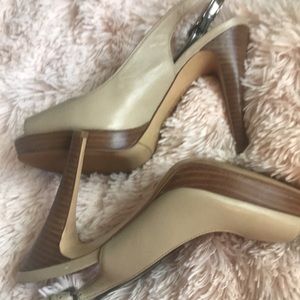 Calvin Klein sling back cream/beige heels genuine leather, wooden heel, size 7.5